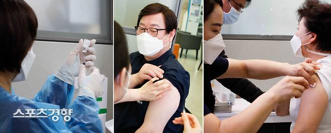 오주형 경희대병원장(가운데)과 유재선 간호본부장(오른쪽)이 백신 접종을 받고 있다. 사진 경희의료원 제공