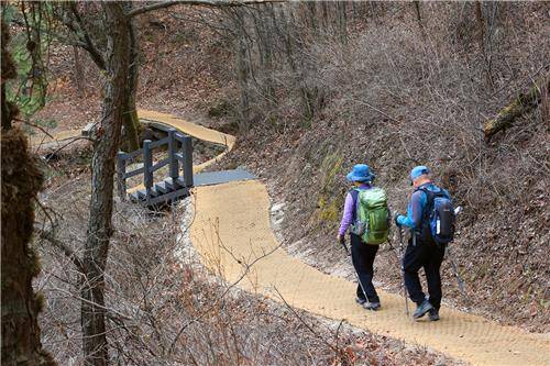 탐방객이 지난해 개방된 성곽 북측 면의 1번 출입문과 청운대 안내소 사이 둘레길을 걷고 있다. [사진/전수영 기자]