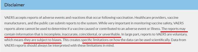 미 백신부작용신고시스템(VAERS)의 통계 자료에 대한 설명 "신고된 내용은 불완전하고, 부정확하고, 우연이거나 규명할 수 없는 정보를 포함할 수 있다"는 설명 등. [출처: VAERS 홈페이지]