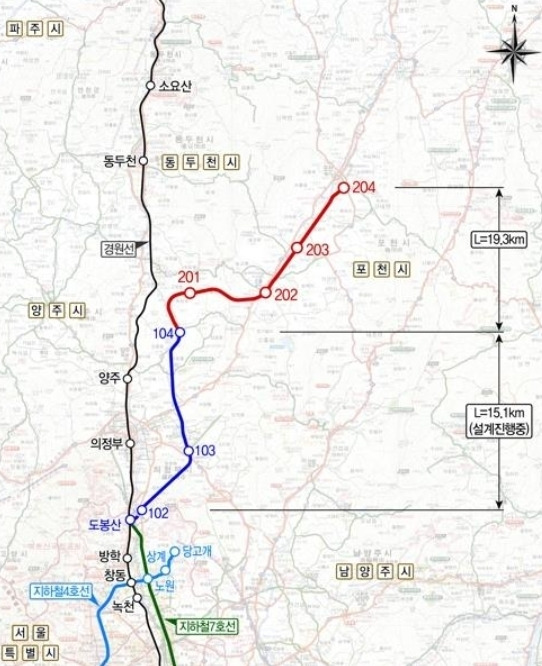 전철 7호선 연장사업 노선도