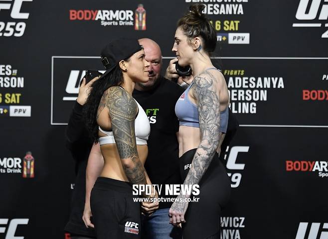 ▲ 아만다 누네스는 UFC 처음으로 두 체급 타이틀을 번갈아 방어하고 있는 챔피언이다. 도전자는 키 181cm 장신의 메간 앤더슨.