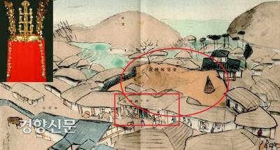 1921년 9월24일 아침 경주 노서리 박문환씨의 주막집 확장공사 도중 발견모습을 그린 삽화. 이곳에서 사상 최초로 금관이 확인됐다.|<경주 금관총 발굴조사 보고서>(1926년)에서