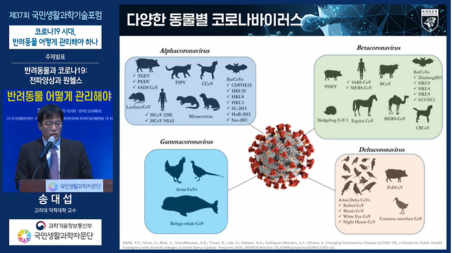 송대섭 고려대 약학과 교수가 9일 국민생활과학자문단이 개최한 '제37회 국민생활과학기술포럼'에서 코로나19와 반려동물 관리방법 등에 대해 발표하고 있다. /사진=국민생활과학자문단 유튜브 캡쳐