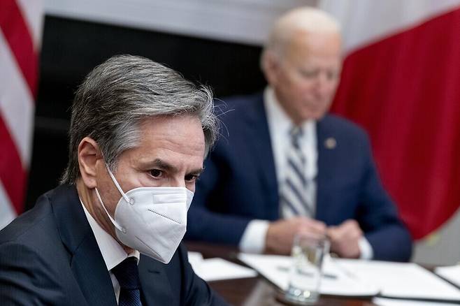 US Secretary of State Antony Blinken sits in on a virtual meeting between US President Joe Biden and Mexican President Andres Manuel Lopez Obrador on March 1. (AP/Yonhap News)