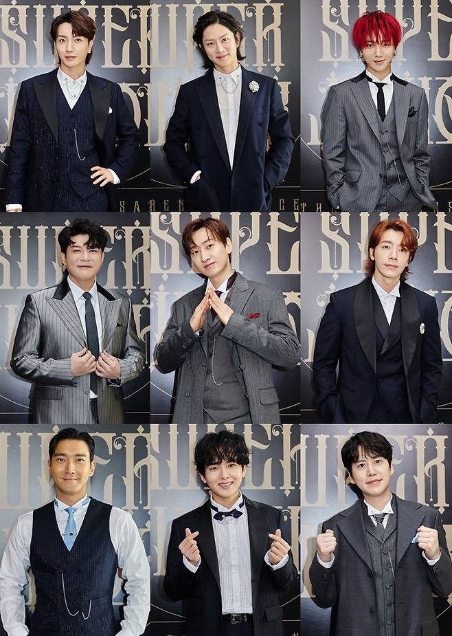 맨 윗줄 왼쪽부터 이특, 예성, 김희철. 두 번째 줄 왼쪽부터 신동, 은혁, 동해. 마지막 줄 왼쪽부터 최시원, 려욱, 규현. 레이블SJ 제공