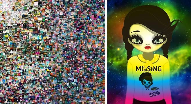 크리스티 경매에서 785억원에 낙찰된 비플의 작품(왼쪽)과 국내 첫 NFT 미술품 경매에서 6억에 낙찰된 마리킴의 'Missing and found' /사진=크리스티, 피카프로젝트