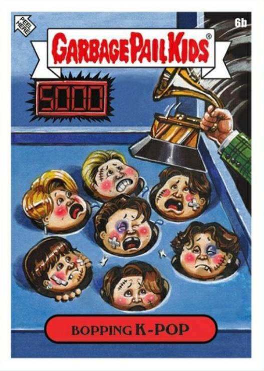 톱스의 스티커 카드 시리즈 '가비지 페일 키즈 섀미 어워즈'(Garbage Pail Kids SHAMMY Awards)에 표현된 BTS의 모습. /topps