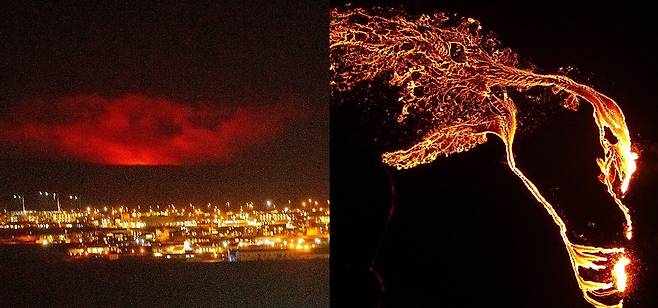 멀리서 본 아이슬란드 화산 폭발 지역과 도시의 모습(왼쪽), 화산에서 흘러나온 용암의 모습. 사진=AFP 연합뉴스