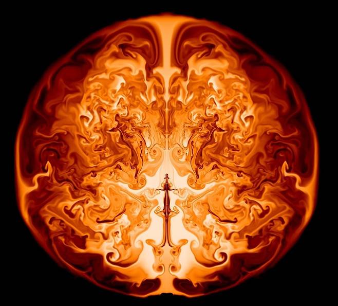 태양 질량의 5.5만 배에 달하는 초거대 질량 별이 초신성 폭발을 일으키는 과정을 시뮬레이션한 모습