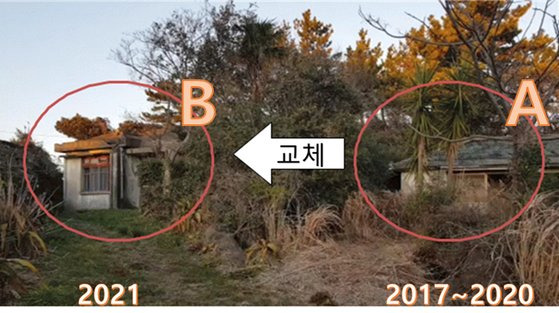 제주도 공시가격검증센터가 공개한 표준주택의 모습. 국토부가 폐가를 표준주택으로 삼았다가 이를 제외한 뒤 또다른 폐가를 표준주택으로 지정했다는 주장이다. 제주특별자치도 공시가격검증센터