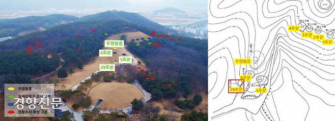 1933년 정식발굴을 주도한 아리미쓰 교이치가 69년만인 2002년 펴낸 송산리 29호분 발굴조사보고서에 29호분의 정확한 위치가 표시되어 있다(오른쪽 분포도). 아리미쓰는 29호분이 무령왕릉에서는 25m, 6호분에서는 10m 정도 남서쪽에 자리잡고 있다고 특정했다. 국립부여문화재연구소는 2018년 지하물리탐사와 레이저 측량등의 기법으로 29호분 뿐 아니라 40여기의 백제고분 흔적을 추정할 수 있는 자료를 확보했다고 밝혔다.|국립부여문화재연구소·아리미쓰의 보고서