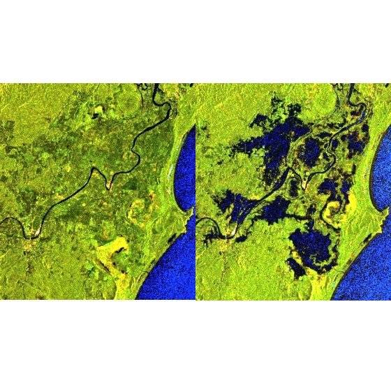유럽우주국(ESA) 코페르니쿠스 센티널 위성에 포착된 호주 뉴사우스웨일스주 타리 지역의 모습. 폭우가 내리기 전인 12일(왼쪽)과 달리 폭우로 강이 범람한 19일(오른쪽)에는 일대가 물에 잠겼다. 유럽우주국