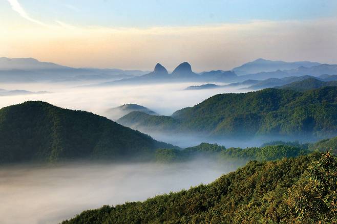멀리서 바라본 마이산의 기이한 봉우리. 사진 C영상미디어.