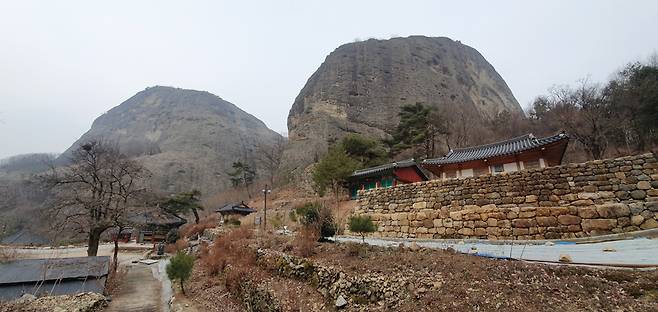 은수사에서 왼쪽 암마이봉과 오른쪽 수마이봉 형세를 담았다. 왼쪽 까치집이 있는 우뚝 솟은 노거수가 천연기념물 청실배나무다.