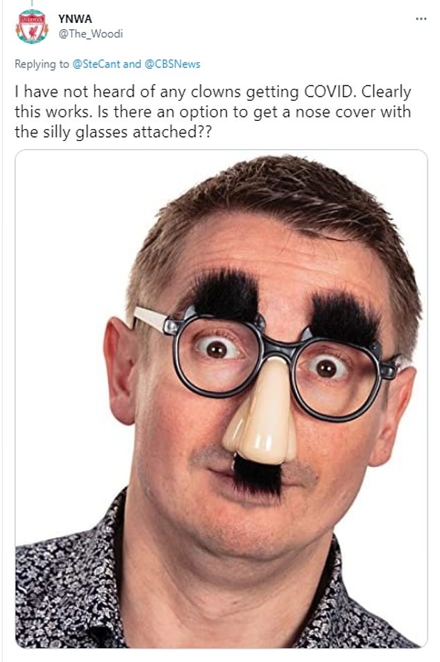 우스꽝스러운 안경을 쓴 남성의 사진으로 ‘코 마스크’를 조롱한 SNS 게시물
