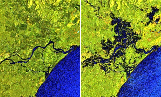 폭우 전인 12일(왼쪽)과 물난리가 난 19일(오른쪽) 유럽우주국(ESA) 코페르니쿠스 센티널-1 위성에 포착된 호주 뉴사우스웨일스주 타리(Taree) 지역의 모습. 매니 강이 범람해 일대가 물바다가 된 걸 알 수 있다.