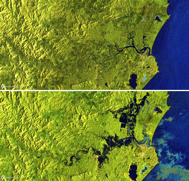 폭우 전인 12일(위)과 물난리가 난 19일(아래) 유럽우주국(ESA) 코페르니쿠스 센티널-1 위성에 포착된 호주 뉴사우스웨일스주 타리 북쪽 포트 매쿼리 지역의 모습. 헤이스팅스 강이 범람해 일대가 쑥대밭이 됐다.