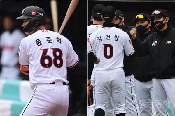 KT 윤준혁(68번)과 김건형(0번)은 스프링캠프까지만 해도 세 자릿수 등번호를 달았다. 하지만 캠프와 시범경기 내내 가능성을 인정받았고, 두 자릿수 등번호로 ‘승진‘하는 영광을 누렸다. 가벼워진 등만큼 책임은 무거워졌다는 이들이다. 수원 | 주현희 기자 teth1147@donga.com