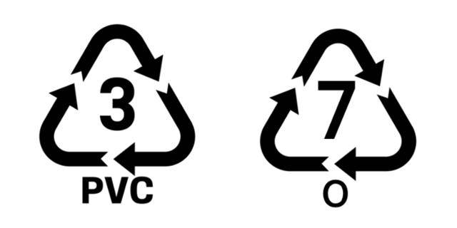 PVC 재질인 3번과 복합재질인 7번은 재활용 표시가 있지만 현재 재활용이 불가하다.