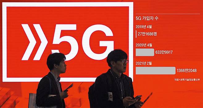 2년 전 국내 통신 3사가 세계 최초로 시작한 5G 서비스는 가입자가 1366만명을 넘어서며 빠른 속도로 성장하고 있다. 하지만 서비스 속도가 당초 약속보다 느리다는 지적 등 비판도 받고 있다. 사진은 2019년 스페인 바르셀로나에서 열린 세계 최대 모바일 행사 MWC 행사장에 걸려있는 5G 안내 표시. /AFP