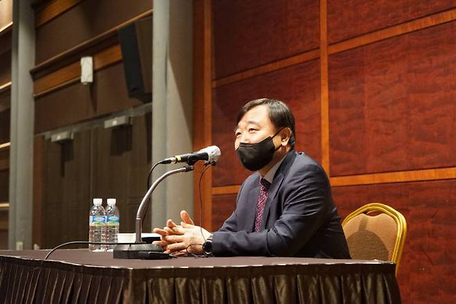 안현호 한국항공우주산업(KAI) 대표가 지난 2일 서울 강남구 코엑스에서 열린 기자 간담회에서 발언하고 있다. (사진=KAI)