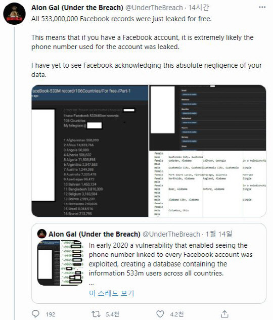 앨런 갤 허드슨록 공동 창업자 겸 CTO(최고기술책임자)가 페이스북 이용자 5억여명의 개인정보가 유출됐다고 폭로했다. 트위터 캡처