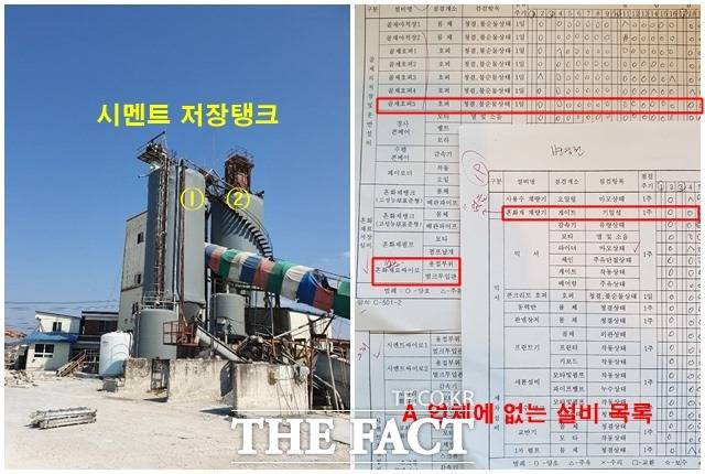 A 업체의 시멘트 저장탱크는 2개인데, 위조된 서류에는 저장탱크가 3개(시멘트싸이로1,2, 혼화재싸이로)로 돼 있다. 또 A 업체에 없는 설비가 한국표준협회에 제출된 서류에는 추가됐다. /정읍=이경민 기자