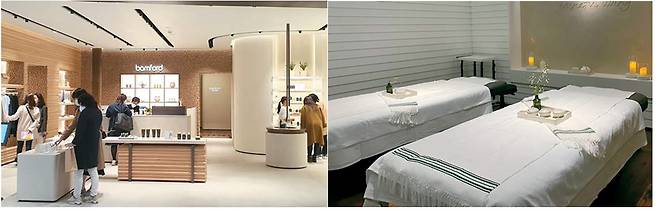 사진 왼쪽부터 뱀포드 뷰티 제품, 뱀포드 더현대 서울 매장, 스파룸 내부. [사진 제공 = 삼성물산 패션부문]