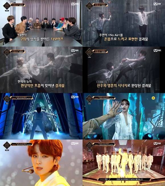 더보이즈는 8일 방송된 '킹덤'에서 1차 경연 첫 주자로 나서 'No Air(노 에어)'를 재해석한 무대를 펼쳤다. 곡의 서사를 무대 위에 옮겨 놓은 구성과 더불어 독보적인 군무와 고난도 동작으로 한 편의 뮤지컬을 완성했다. /엠넷 방송 캡처