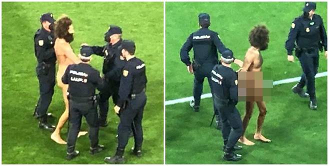 유로파리그 경기 중 나체의 남성이 그라운드에 난입하는 일이 일어났다./ 사진=트위터 캡처