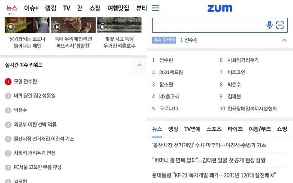 인터넷 포털 ‘네이트’와 ‘줌(ZUM)’ 모바일 첫 화면. 실시간 이슈 키워드, 이슈 검색어 등의 이름으로 실시간 급상승 검색어를 노출하고 있다. /네이트, 줌 캡처