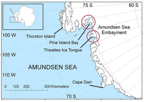 서남극의 파인아일랜드 만(상단 붉은원)과 스웨이츠 빙하(하단) [위키미디아 제공, DB 및 재사용 금지]