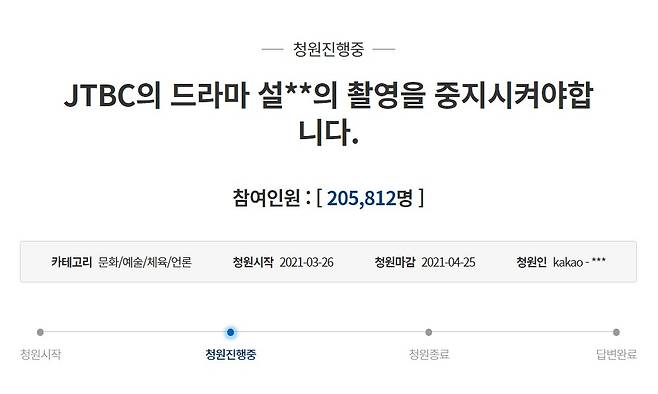 A screenshot of the Cheong Wa Dae petition calling for the cancellation of “Snowdrop” (Cheong Wa Dae website)