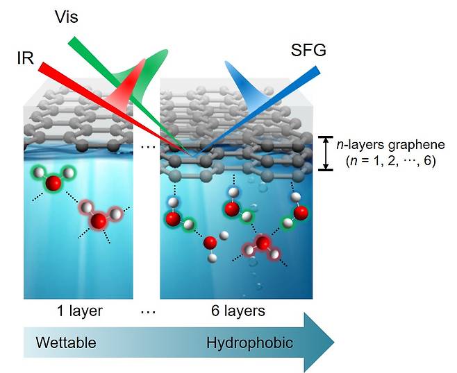 합-주파수 생성 분광법을 이용해 얻은 그래핀-물 계면에서 물 분자의 수소결합 구조.[IBS 제공]