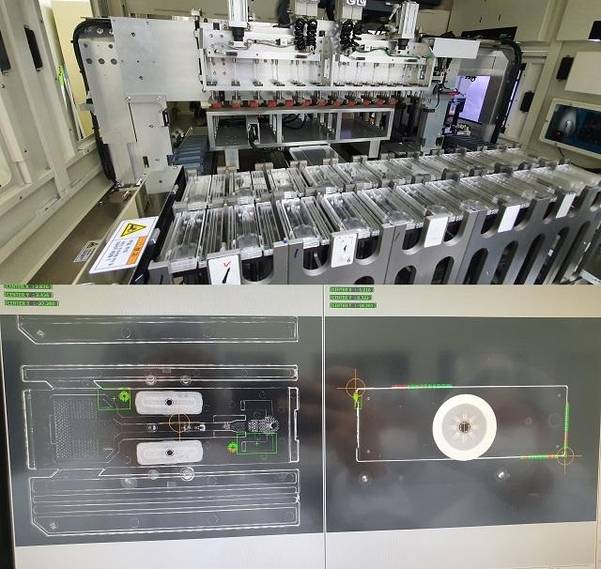상판과 하판을 포개어 조립한 모습(위)과 이 둘이 정확히 포개졌는지 측정하는 소프트웨어(아래). /김윤수 기자