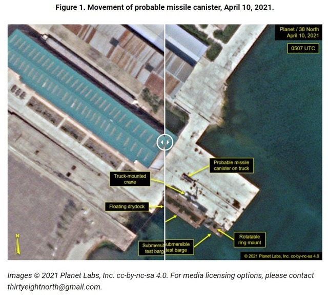 [서울=뉴시스] 북한 신포조선소 미사일 발사통 등장. 2021.04.11. (사진=38노스 캡처) *재판매 및 DB 금지