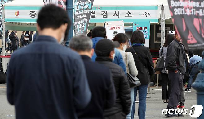 15일 오전 서울 중구 봉래동 서울역 광장에 마련된 중구 임시선별진료소에서 시민들이 검체검사 순서를 기다리고 있다. 2021.4.15/뉴스1 © News1 박정호 기자