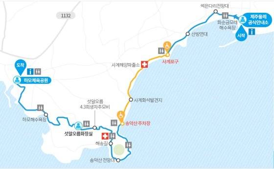 제주올레 10코스 지도. 원래는 화순금모래해변에서 시작해 하모체육공원에서 끝나지만, 거꾸로 걸으면 시작점과 종점이 바뀐다. 걱정할 필요는 없다. 이정표가 잘 돼 있다. 지도 제주올레 홈페이지