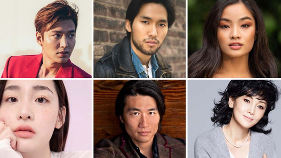 Cast members of the upcoming Apple TV+ adaptation of “Pachinko,” based on Lee’s book. Top from right, actors Lee Min-ho, Jin Ha, Anna Sawai. Above from right, actors Kim Min-ha, Soji Arai and Kaho Minami. [APPLE TV+]