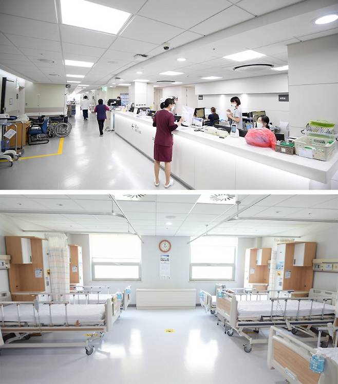 리모델링을 마친 강남세브란스병원 병동 스테이션(위), 병실(아래)