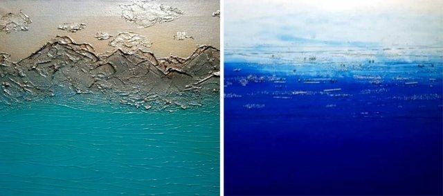 멕시코의 오팔 광산을 그린 ‘추억의 산’(왼쪽 사진). 오팔이 바다처럼 펼쳐진 풍경을 상상했다. 깊은 바다의 단면과 반짝이는 물결을 표현한 ‘찬란한 수평선’. 최아영 작가 제공
