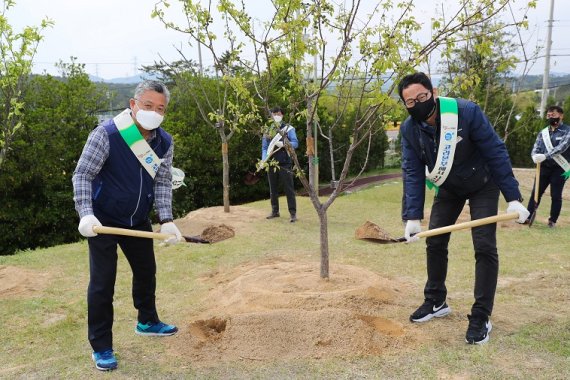 박인식 고리원자력본부장(왼쪽)과 김종배 본부 노조위원장이 청렴나무를 심고 있다./제공=고리원자력본부