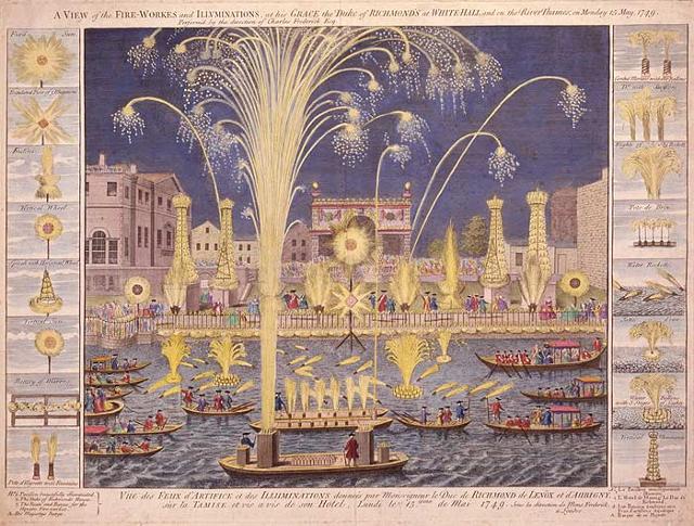 1749년 영국 런던 버킹엄 궁전 근처에 있는 그린파크에서 왕실의 주최로 개최된 불꽃놀이 축제의 풍경화. 헨델은 이 행사에 쓰일 음악을 D 장조로 지었는데 '왕궁의 불꽃놀이 음악'으로 명명됐다.