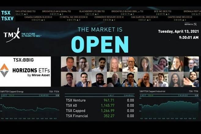 4월 13일 토론토 증권거래소에서 온라인으로 진행된 글로벌 BBIG ETF 상장행사. 미래에셋자산운용