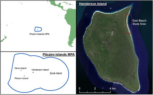 핏케언 제도에 속하는 헨더슨 섬과 그 섬 안에서 연구가 이뤄진 해변의 위치를 나타낸 지도.(사진=마린 폴루션 불리틴)