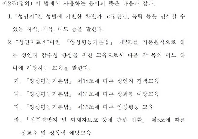 지난달 발의된 '성인지교육법 지원 법안' 내용 이 법안은 현행법에 따라 이미 시행 중인 여러 성 관련 교육을 통합해 '성인지교육'이라고 명시하고 있다.