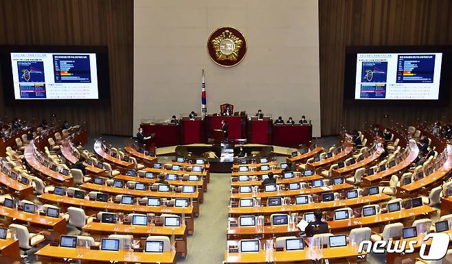 홍남기 국무총리 직무대행이 21일 오후 서울 여의도 국회에서 열린 제386회 국회(임시회) 제3차 본회의에서 경제 관련 질의를 받고 있다. 2021.4.21/뉴스1 © News1 구윤성 기자