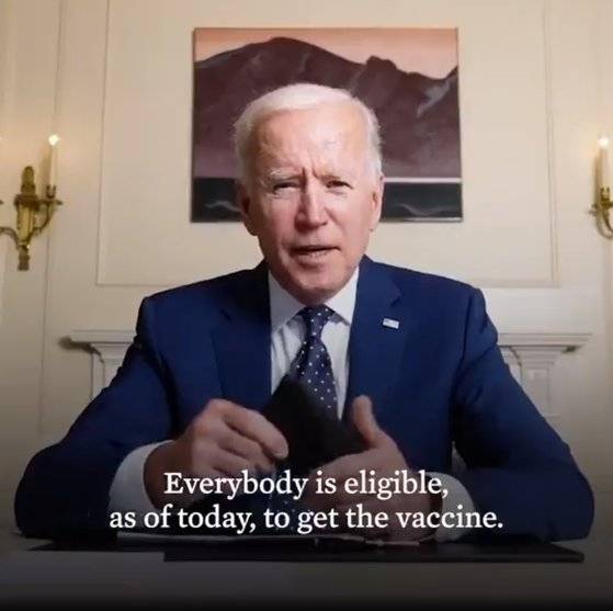조 바이든 미국 대통령이 19일(현지시간)부터 미국 모든 성인에게 신종 코로나바이러스 감염증(코로나19) 백신을 접종할 자격이 부여된다고 밝혔다. 사진 바이든 미국 대통령 트위터
