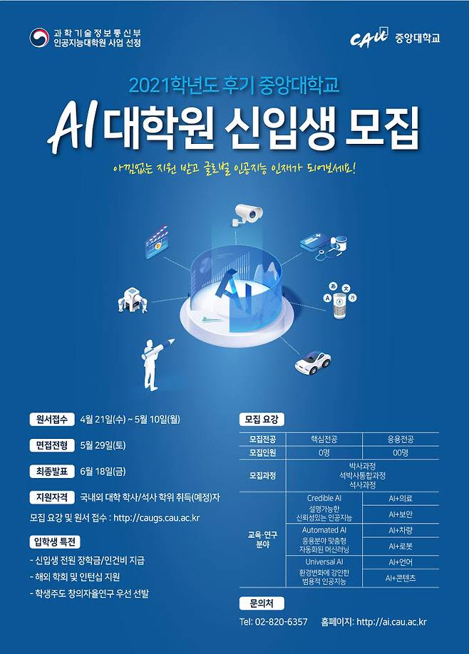 2021학년도 후기 중앙대 AI대학원 신입생 모집 포스터 이미지