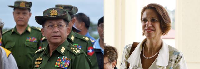 민 아웅 흘라잉 미얀마 최고사령관(왼쪽)과 크리스틴 슈래너 버기너 유엔 미얀마 특사. AFP·AP 연합뉴스